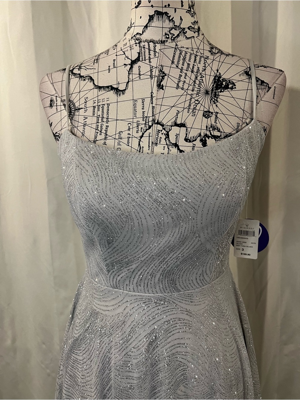 Windsor Silver Sparkle Spaghetti-Strap Prom Gown - Picture 2 of 14